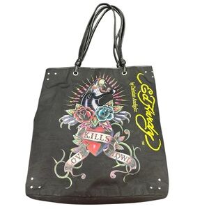 Ed Hardy Black Tote with Colorful Tattoo Design